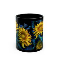 Sunflowers in Baroque Neon on an 11oz Black Mug