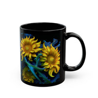 Sunflowers in Baroque Neon on an 11oz Black Mug