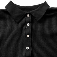 Black Ribbed Knit Collared Henley Top and Pants Lounge Outfit