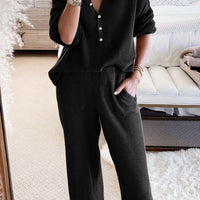 Black Ribbed Knit Collared Henley Top and Pants Lounge Outfit