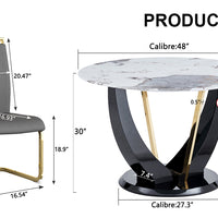 Table and chair set. 1 table and 4 chairs. Round Pandora style stone burning tabletop with black MDF legs. Paired with 4 chairs with PU dark gray cushions and golden legs.908  1162