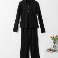 Black Ribbed Knit Collared Henley Top and Pants Lounge Outfit