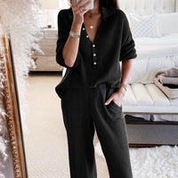 Black Ribbed Knit Collared Henley Top and Pants Lounge Outfit