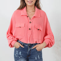 Pink Corded Flap Pocket Henley Top