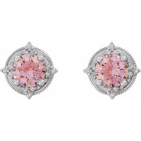 Natural Pink Hue Diamond Semi-Set Halo-Style Stud Earrings 14k Gold