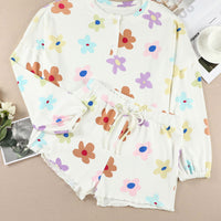 White Floral Long Sleeve Henley Top and Drawstring Shorts Set