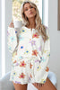 White Floral Long Sleeve Henley Top and Drawstring Shorts Set