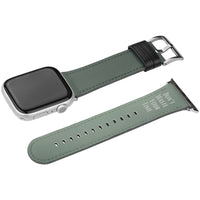 Apple Sage Green Leather Watch Band with words 'Don't Waste Your Time'