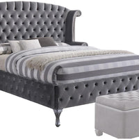 86" X 87" X 66" Gray Velvet Queen Bed