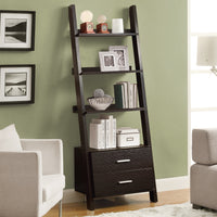 69" Cappuccino Particle Board Ladder Bookcase With Two Storage Drawers