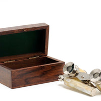 Elegant Mother Of Pearl Opera Glasses In Wood Storage Box