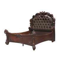 California King Size Elaborately Carved Cherry Wood Finish Bed With Tufted Dark Faux Leather Headboard