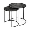 Set Of 2 Dark Wood Round Top Accent Tables With Black Iron Frame