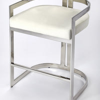 28" White And Silver Low Back Counter Height Bar Chair With Footrest