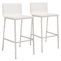 Set Of Two 39" White And Silver Steel Low Back Bar Height Chairs With Footrest