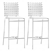 Set Of Two 39" White And Silver Low Back Counter Height Bar Chairs With Footrest