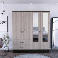 Light Oak and Black Four Door Wardrobe Closet with Mirrors