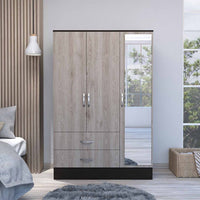 Light Oak and Black Three Door Wardrobe Closet with Mirror