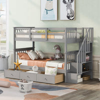 Gray Twin Over Twin Bunk Bed with Stairway and Drawers