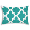 14" X 20" Turquoise And White Blown Seam Quatrefoil Lumbar Indoor Outdoor Pillow