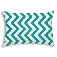 14" X 20" Turquoise And White Blown Seam Zigzag Lumbar Indoor Outdoor Pillow