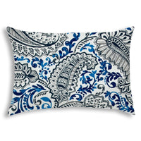 14" X 20" White And Blue Blown Seam Paisley Lumbar Indoor Outdoor Pillow