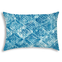 14" X 20" Blue And White Blown Seam Ikat Lumbar Indoor Outdoor Pillow