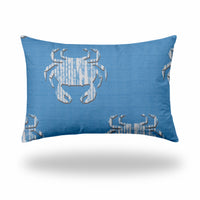 12" X 18" Blue And White Crab Blown Seam Coastal Lumbar Indoor Outdoor Pillow