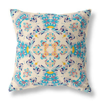 16" Blue White Filigree Indoor Outdoor Zip Throw Pillow