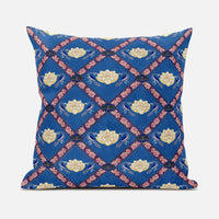 18" X 18" Blue Yellow Pink Lotus Floral Blown Seam Suede Throw Pillow