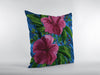 20” Pink Blue Hibiscus Suede Decorative Throw Pillow