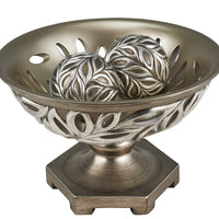 13" Brushed Silver Leaf Polyresin Decorative Pedestal Bowl with Orbs