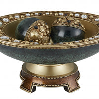 8" Marbleized Green And Gold Polyresin Decorative Bowl With Orbs