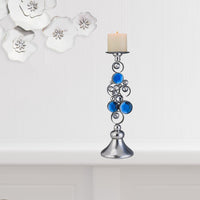 Set Of Two Silver and Blue Bling Tabletop Pillar Candle Holders