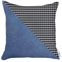 18" X 18" Black And Blue Houndstooth Zippered Handmade Polyester Throw Pillow Cover