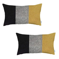 Set Of Two 20" X 12" Black And Yellow Geometric Zippered Handmade Polyester Lumbar Pillow