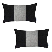 Set Of Two 20" X 12" Grey And Black Geometric Zippered Handmade Polyester Lumbar Pillow