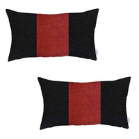 Set Of Two 20" X 12" Black And Red Geometric Zippered Handmade Polyester Lumbar Pillow