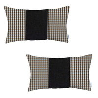 Set Of Two 20" X 12" Brown And Black Houndstooth Zippered Handmade Polyester Lumbar Pillow