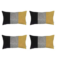 Set Of Four 20" X 12" Black And Yellow Geometric Zippered Handmade Polyester Lumbar Pillow