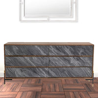 63" Walnut And Grey Faux Marble Wood Six Drawer Double Dresser