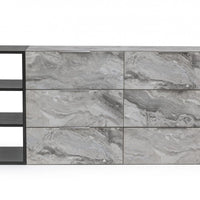 63" Grey Faux Marble and Black Wood Six Drawer Double Dresser