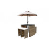 Six Piece Brown and Tan Faux Wicker Outdoor Bar Height Table Set with Umbrella and Stools