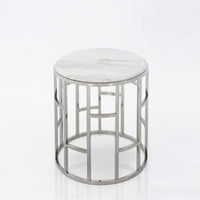 Stylish Silver And White Marble Round Geometric End or Side Table