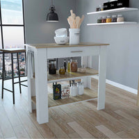 Light Oak and White Kitchen Island with Drawer and Two Open Shelves