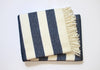 Cream and Navy Blue Slanted Stripe Fringed Throw Blanket