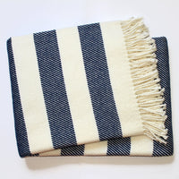 Cream and Navy Blue Slanted Stripe Fringed Throw Blanket