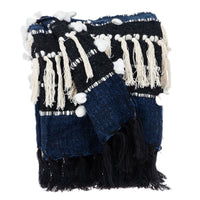 Navy Blue Boho Woven Handloom Throw with Pom Pom