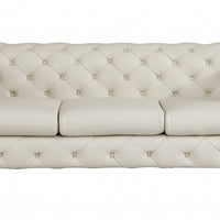 93" Beige Genuine Button Tufted Leather Standard Sofa