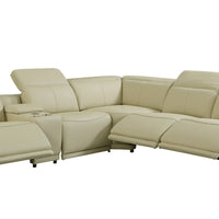 Beige Italian Leather Power Recline L Shape Six Piece Corner Sectional With Console